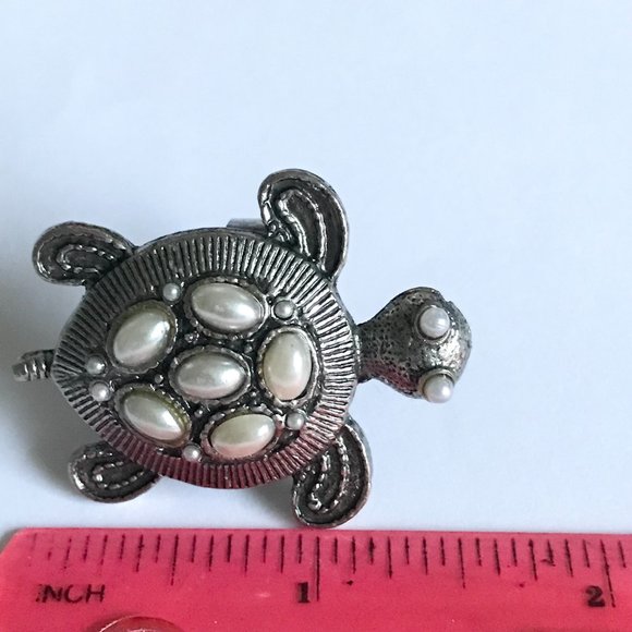 Vintage Turtle Cocktail Ring Silver Tone Adjustable Size 7 8 9 Sea Life Pearl - Picture 9 of 11